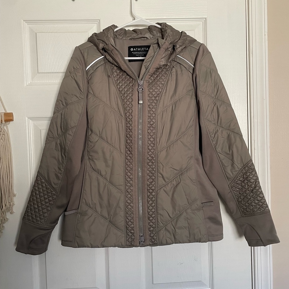 Athleta Women’s Size Large Taupe Quilted Hooded Zip Up Jacket EUC